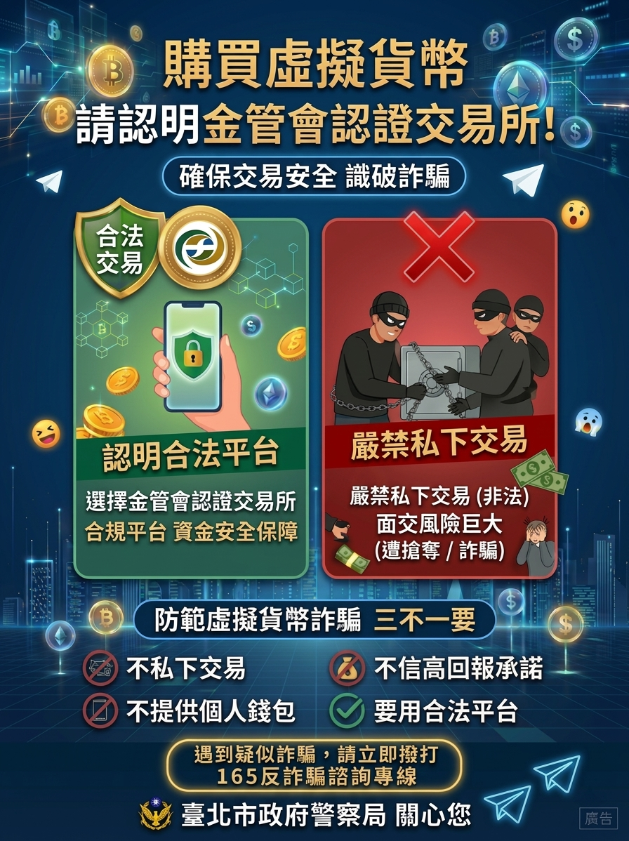 購買虛擬貨幣請認明金管會認證交易所,確保交易安全識破詐騙宣導海報